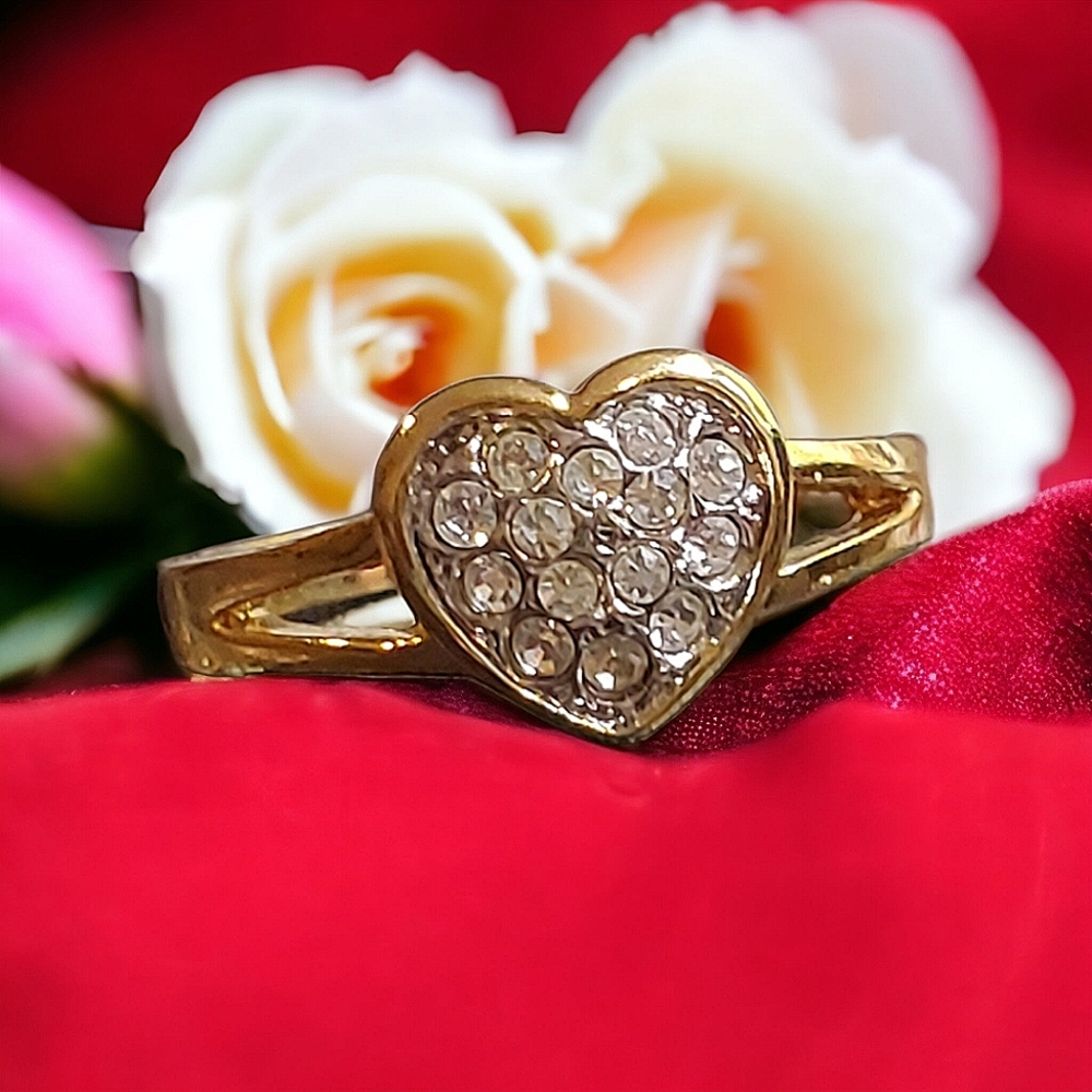 Pave Rhinestone Heart Ring In Gold Tone